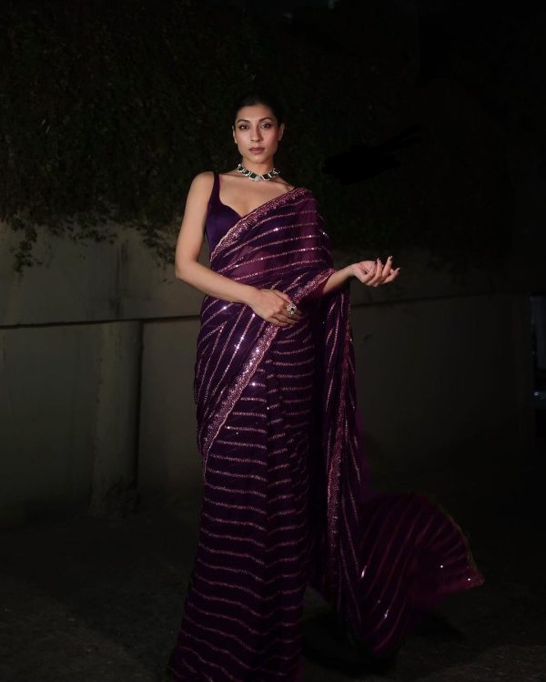 Wine Georgette Embroidery Work Saree