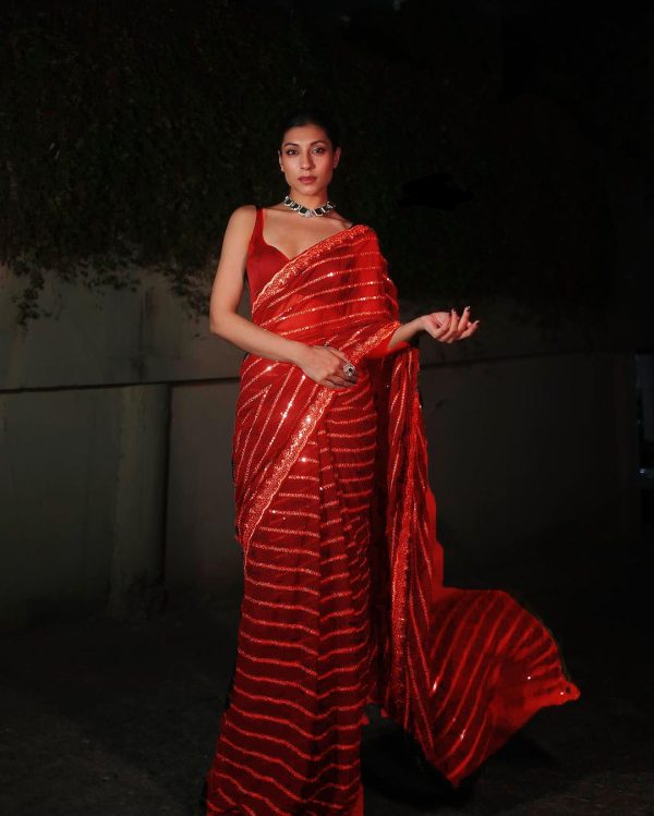 Red Georgette Embroidery Work Saree