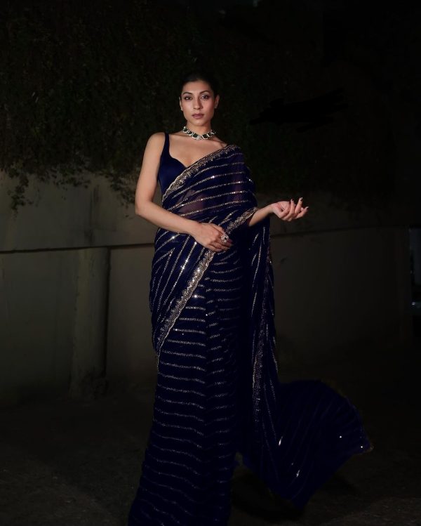 Navy Blue Georgette Embroidery Work Saree