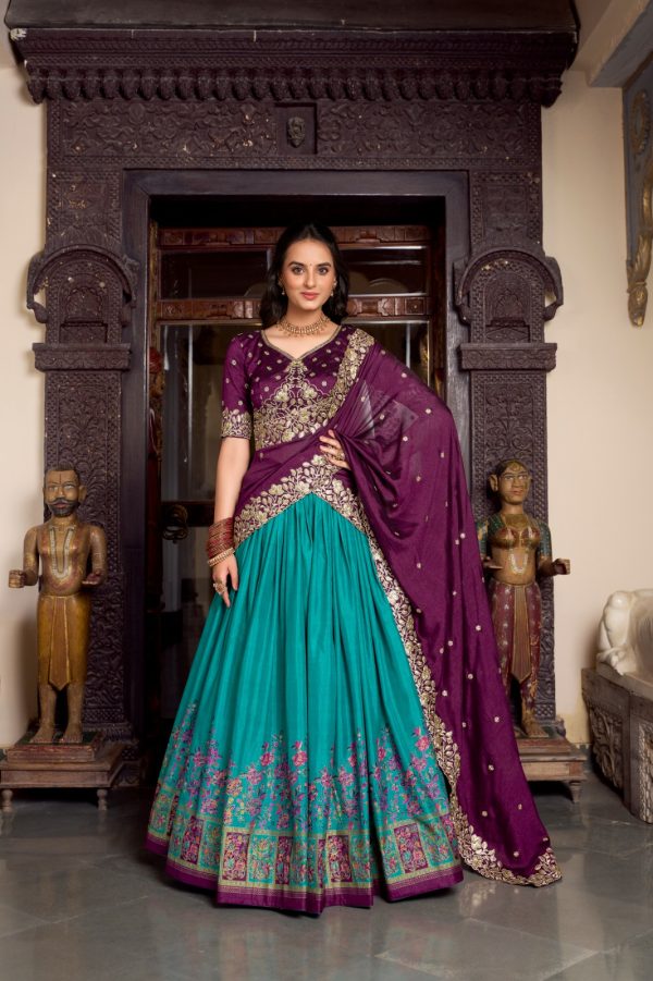 Firozi Tasar Printed Foil Work Lehenga Choli