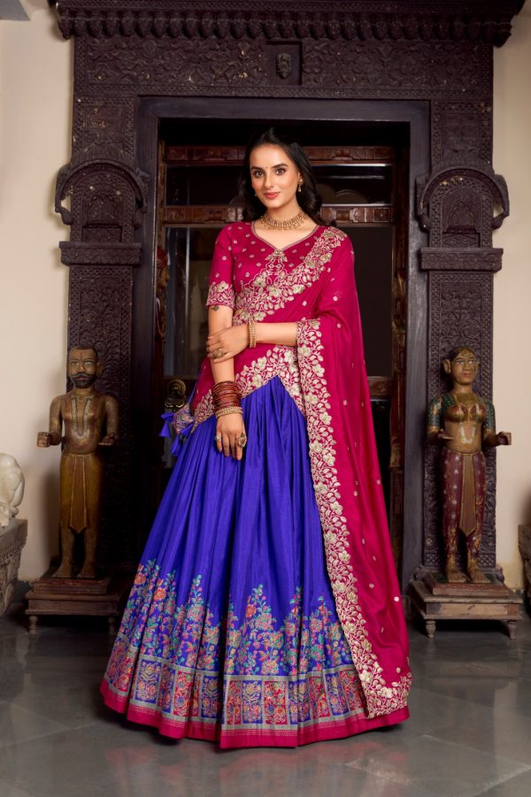 Blue Tasar Printed Foil Work Lehenga Choli