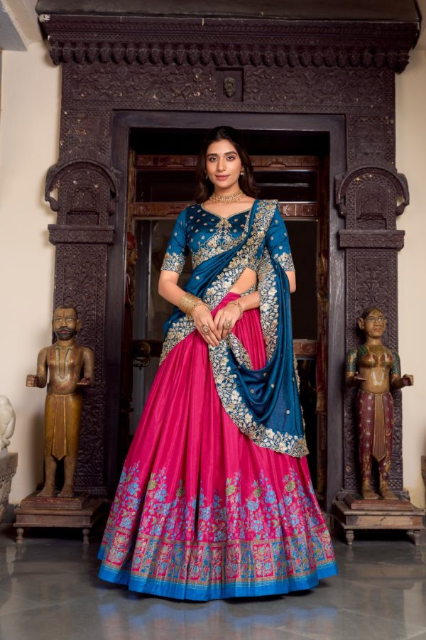 Pink Tasar Printed Foil Work Lehenga Choli