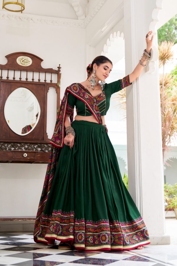 Green Tasar Gamthi Print Work Lehenga Choli