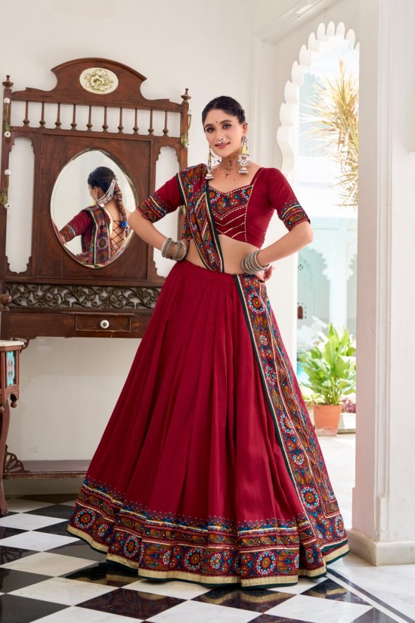 Red Tasar Gamthi Print Work Lehenga Choli