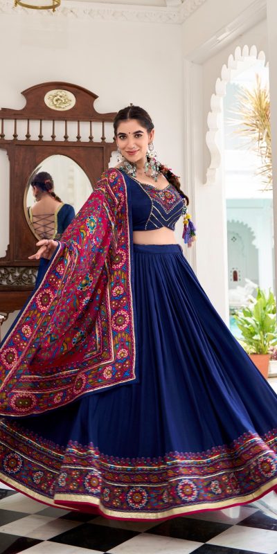 Navy blue Tasar Gamthi Print Work Lehenga Choli