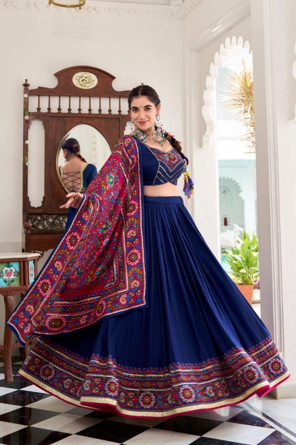 Navy blue Tasar Gamthi Print Work Lehenga Choli