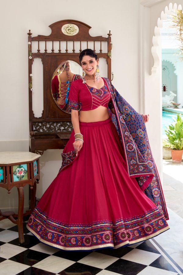 Pink Tasar Gamthi Print Work Lehenga Choli