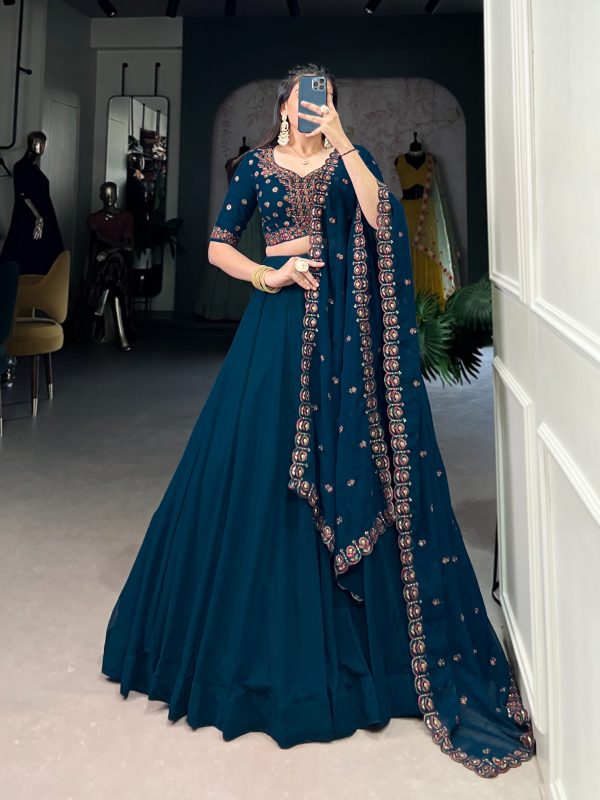 Firozi Georgette Plain Work Lehenga Choli