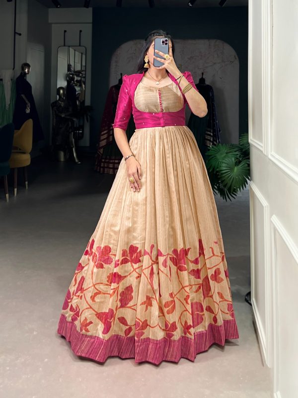 Pink Green Silk Printed Gown