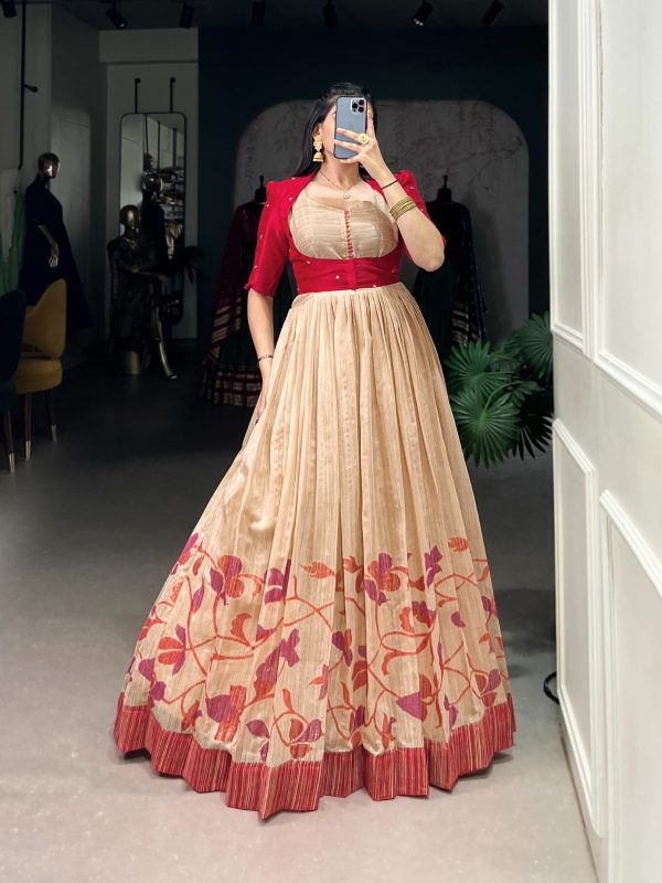 Red Green Silk Printed Gown