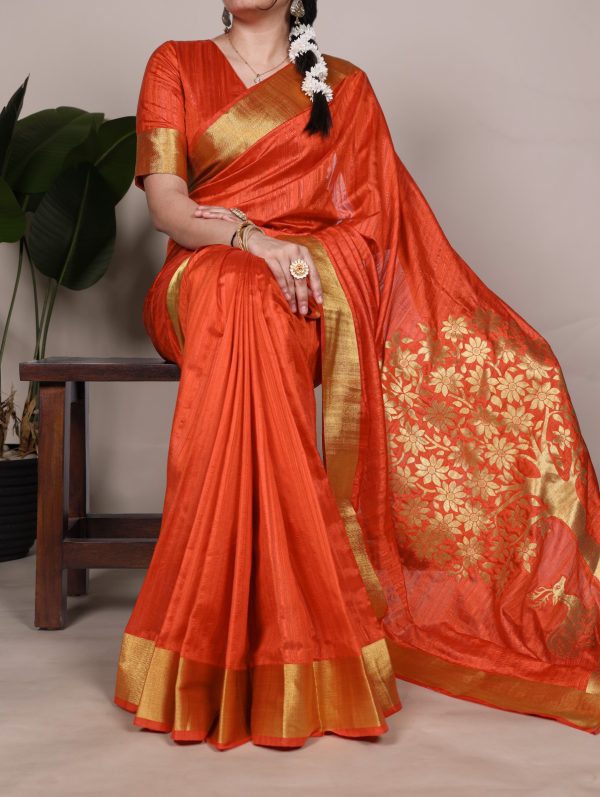 Orange Raw Silk Zari Weaving Saree