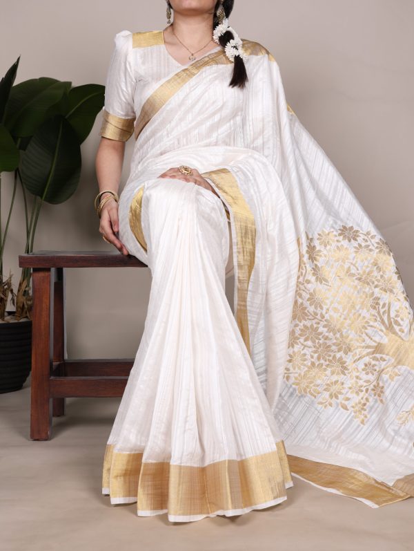 White Raw Silk Zari Weaving Saree
