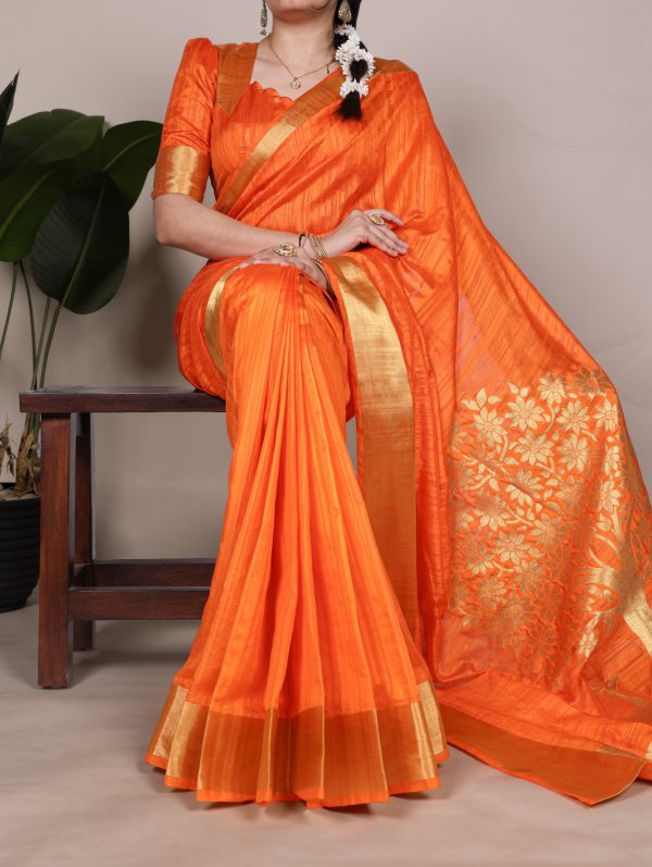 Light Orange Raw Silk Zari Weaving Saree