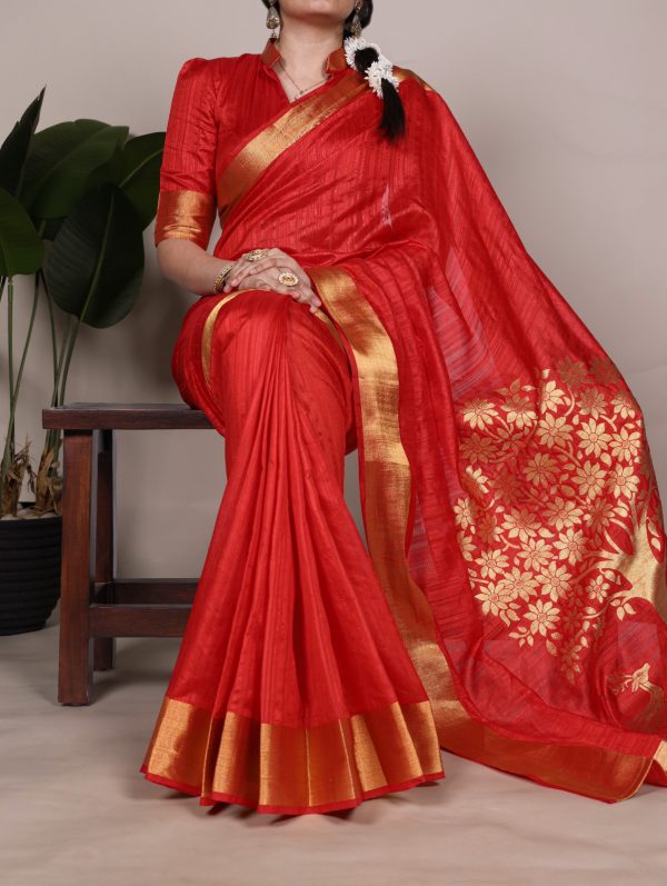 Red Raw Silk Zari Weaving Saree