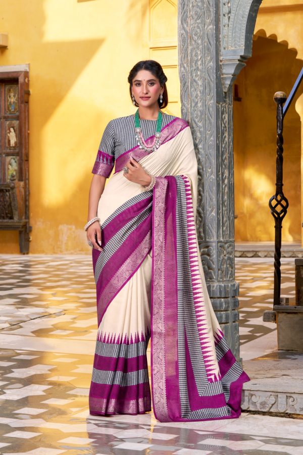 Off White Poly Cotton Printed Zari Saree