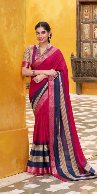 Pink Poly Cotton Printed Zari Saree