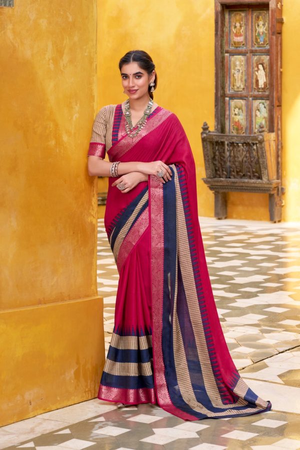 Pink Poly Cotton Printed Zari Saree