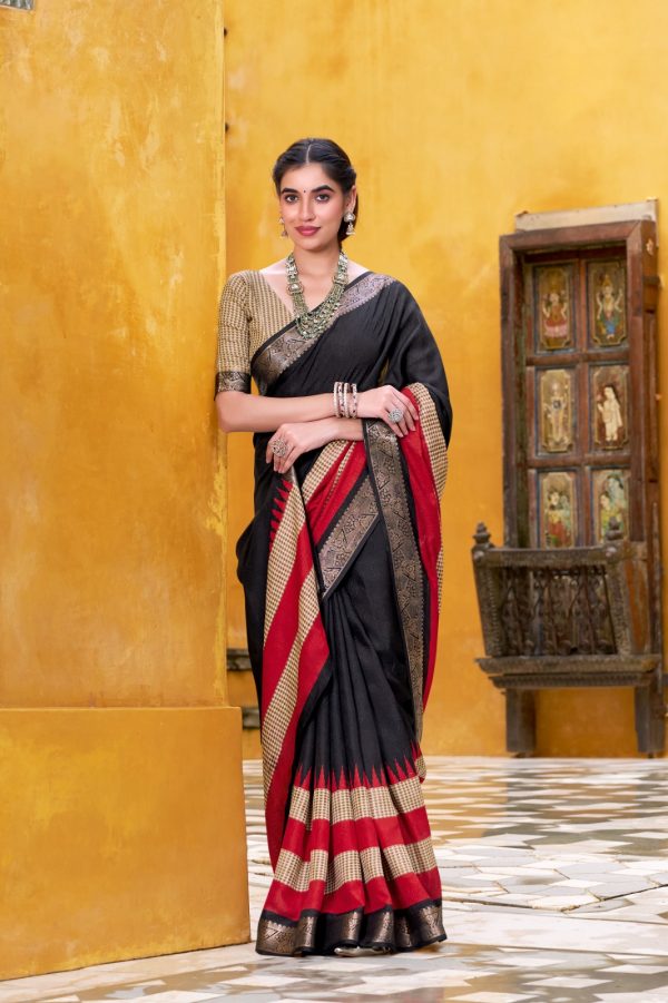 Black Poly Cotton Printed Zari Saree