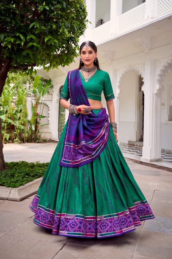 Green Tasar Silk Bandhej Print Lehenga Choli