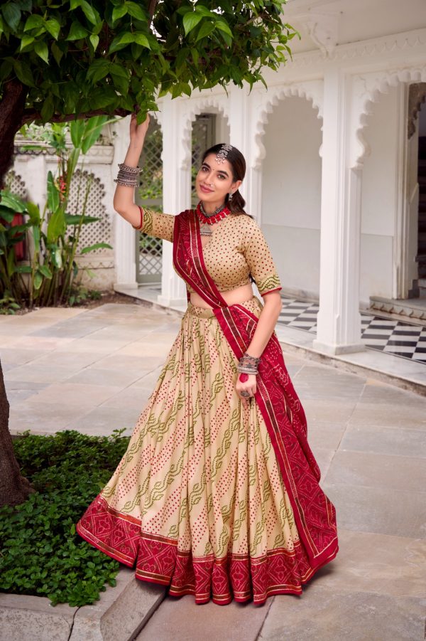 Off White Tasar Silk Bandhej Print Lehenga Choli