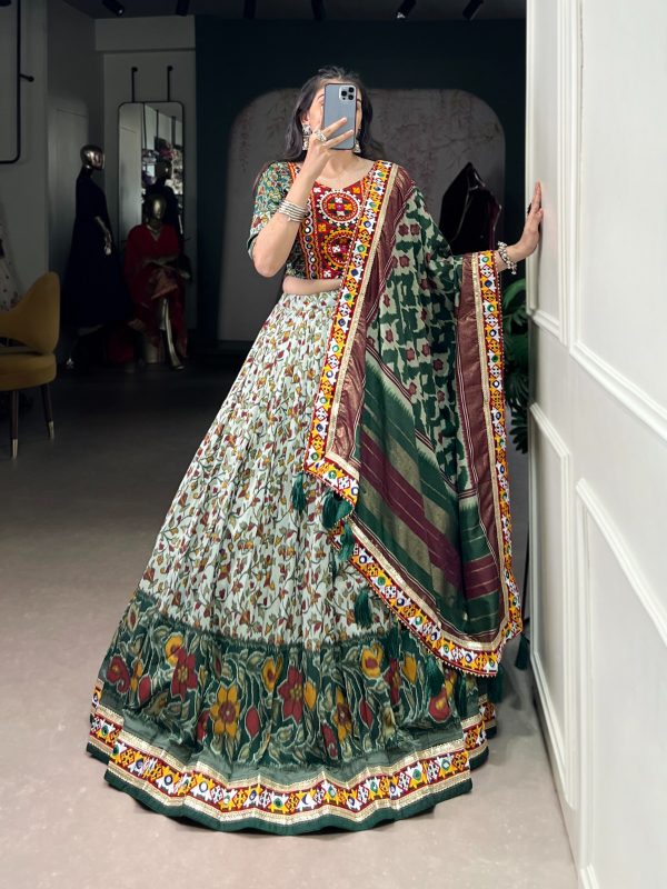 Green Tasar Silk Printed Foil Lehenga Choli