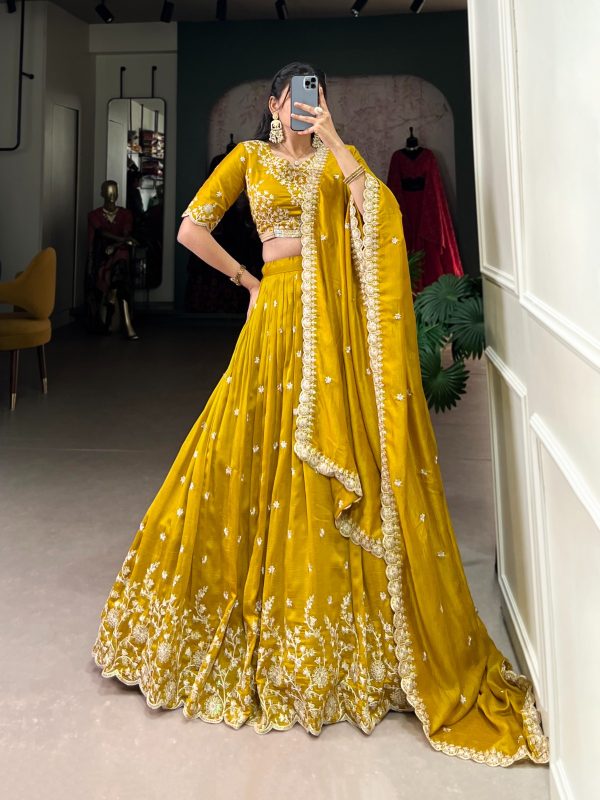 Mustard Vichitra Silk Sequins Lehenga Choli