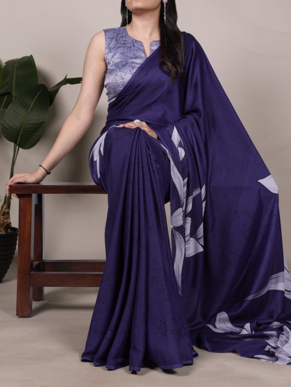 Navy Blue Satin Floral Printed Saree