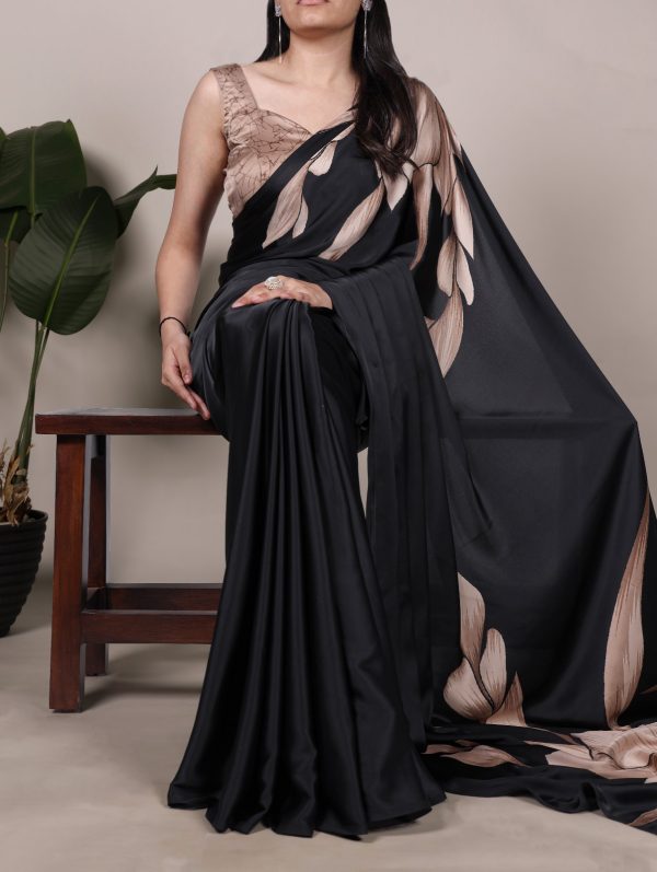 Black Satin Floral Printed Saree