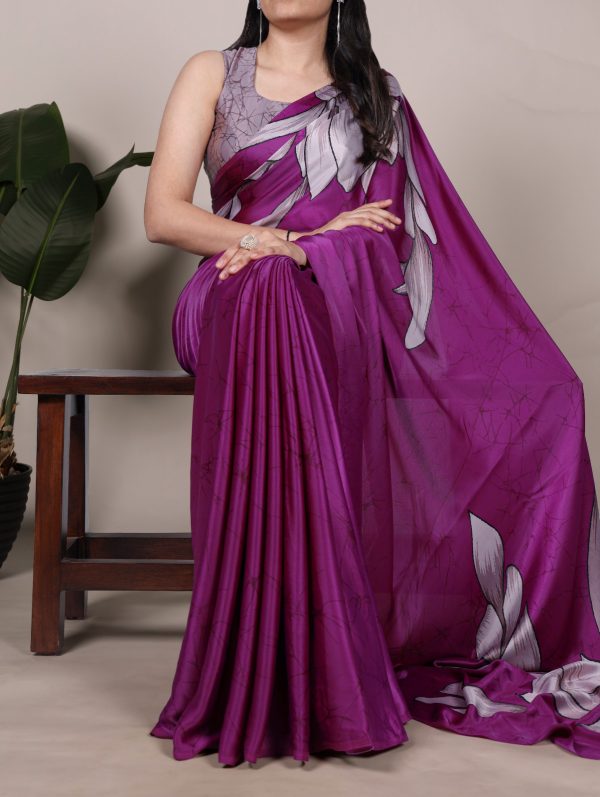Pink Satin Floral Printed Saree