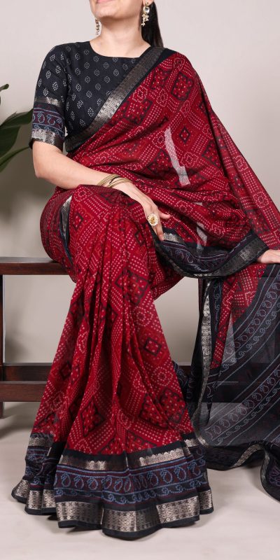 Maroon Polyester Weaving Printed Saree