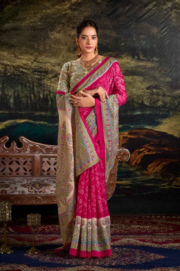 Pink Green Silk Madhubani Saree