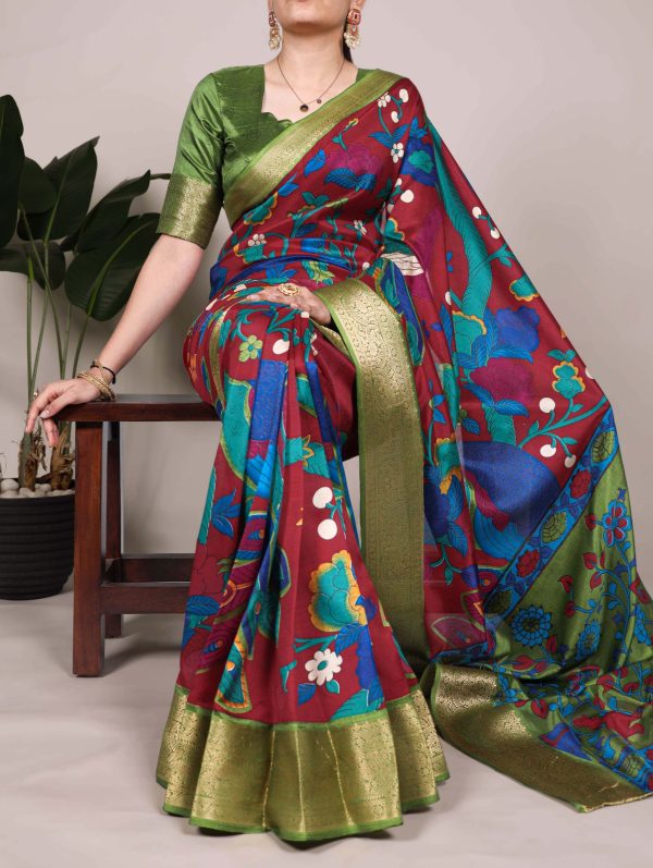 Maroon Tasar Silk Printed Saree