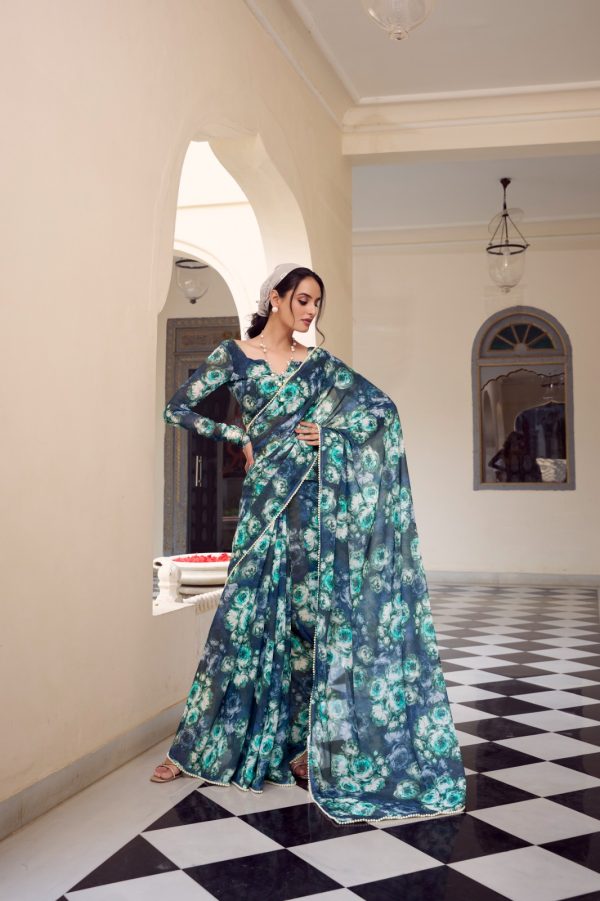 Navy Blue Weightless Floral Printed Saree