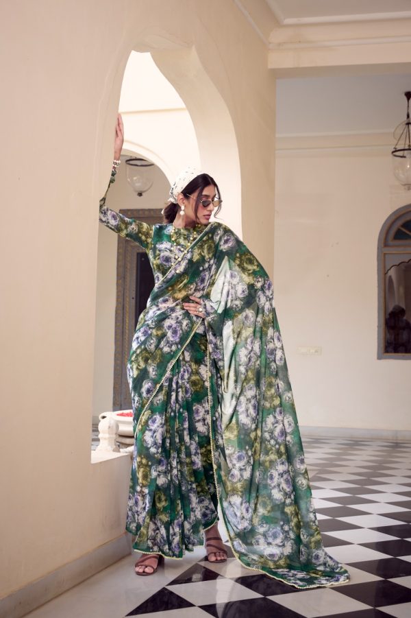 Green Weightless Floral Printed Saree