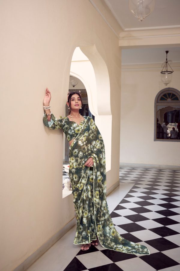 Mehandi Weightless Floral Printed Saree