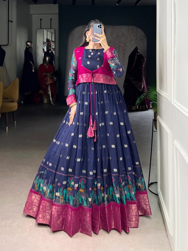 Navy Blue Cotton Kalamkari Gown