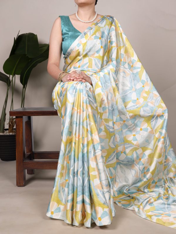 Light Yellow Satin Silk Printed Saree