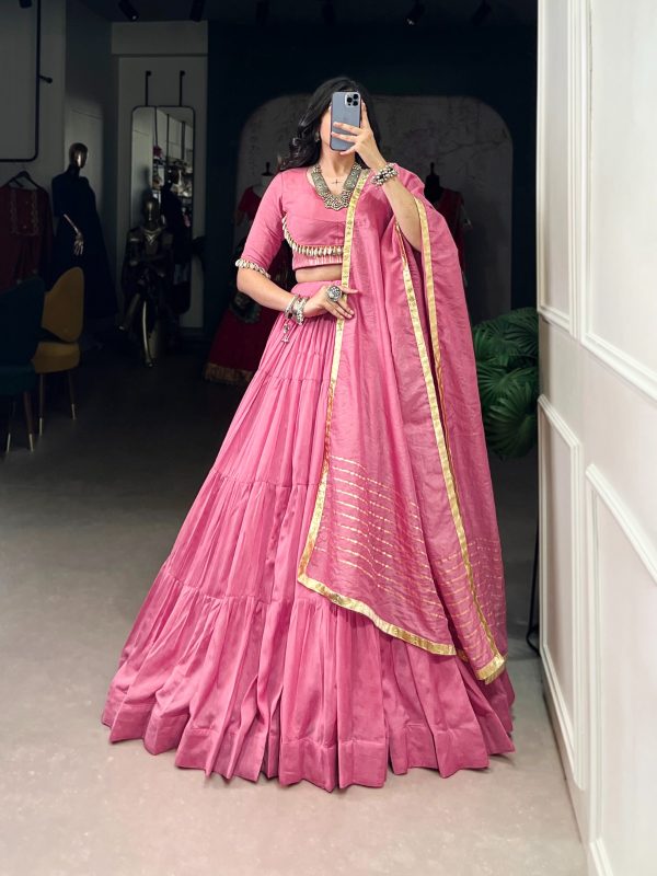 Light Pink Chanderi Plain Lehenga Choli