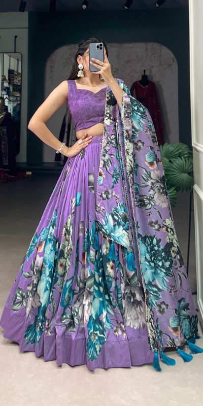 Lavender Tasar Floral Print Lehenga Choli