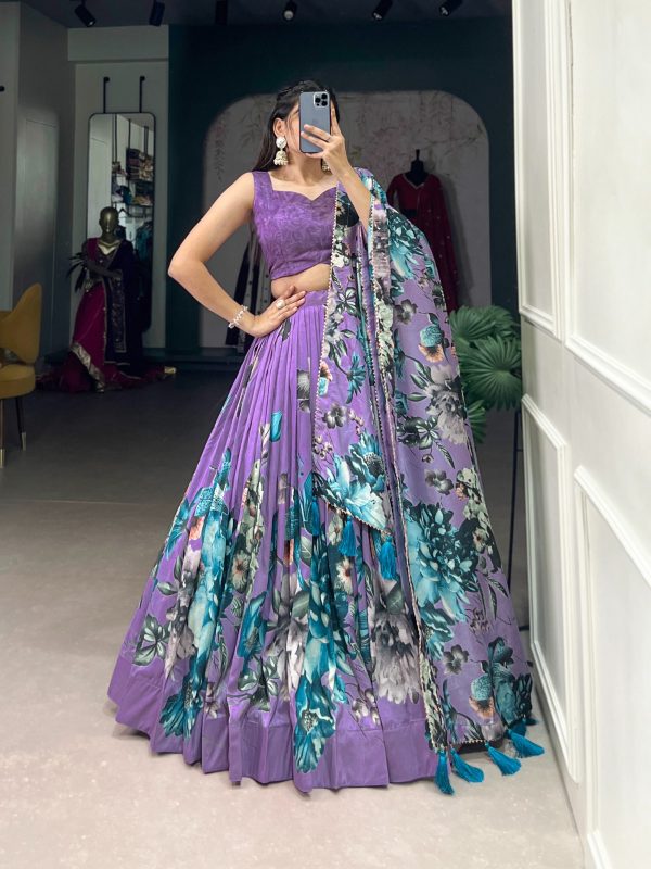 Lavender Tasar Floral Print Lehenga Choli