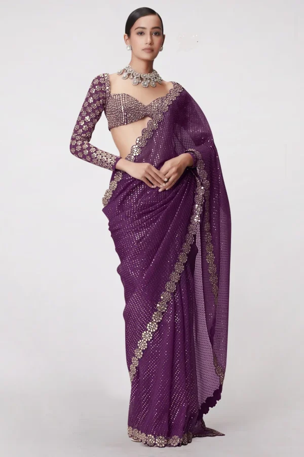Wine Georgette Sequence Work Saree