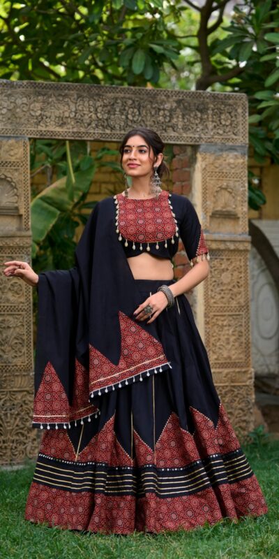 LNB 1671 Black Color Pure Cotton Plain Printed Mirror Work Gota Patti Lehenga Choli Wedding, Party, Festive, Events Etc. Delivery 4-6 Working Days Rs 3999 | Lehenga, Bollywood Lehenga, Creative Lehenga, Designer Lehenga, Embroidered Lehenga, Party Wear Lehenga