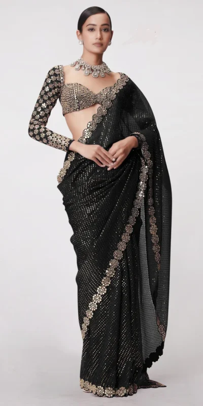 DF 3429 Black Color Faux Georgette 5mm Sequence Work Saree Casual, Wedding, Festive, Events . Expected Delivery 4-6 Working Days @2199/- only | Sarees, Bollywood Sarees, Creative Sarees, Designer Sarees, Embroidered Sarees, Ethnic Saree, Modern Digital sarees, Party Wear Sarees
