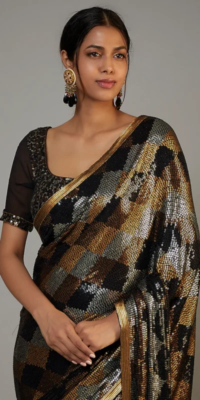 DF 3426 Black Color Georgette 5MM Sequins Embroidery Work Saree Casual, Wedding, Festive, Events . Expected Delivery 4-6 Working Days @1749/- only | Sarees, Bollywood Sarees, Creative Sarees, Designer Sarees, Embroidered Sarees, Ethnic Saree, Modern Digital sarees, Party Wear Sarees