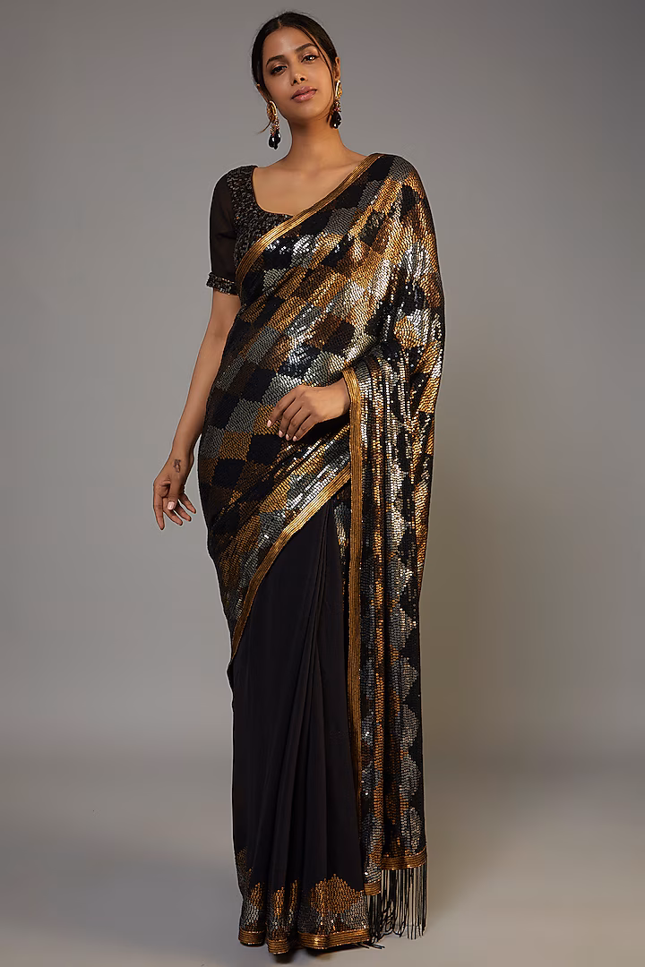 DF 3426 Black Color Georgette 5MM Sequins Embroidery Work Saree Casual, Wedding, Festive, Events . Expected Delivery  4-6 Working Days @1749/- only                                                 | Sarees, Bollywood Sarees, Creative Sarees, Designer Sarees, Embroidered Sarees, Ethnic Saree, Modern Digital sarees, Party Wear Sarees