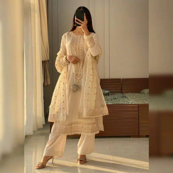LG 1913 Cream Color Roman Silk Sequence Embroidery Work Salwar Suit Casual, Wedding, Festive, Events . Expected Delivery  4-6 Working Days @1999/- only      | Jump Suits, Salwar suit, Casual Suits, Creative suits, Designer Suits, Palazzo Suits, Party Wear Suits, Patiala Suits, Straight Suits
