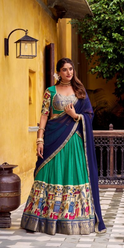 LNB 1242 Firozi Color Poly Chanderi Kalamkari Printed Zari Weaving Work Lehenga Choli Wedding, Party, Festive, Events Etc. Delivery 4-6 Working Days Rs 1899 | Lehenga, Bollywood Lehenga, Creative Lehenga, Designer Lehenga, Embroidered Lehenga, Party Wear Lehenga