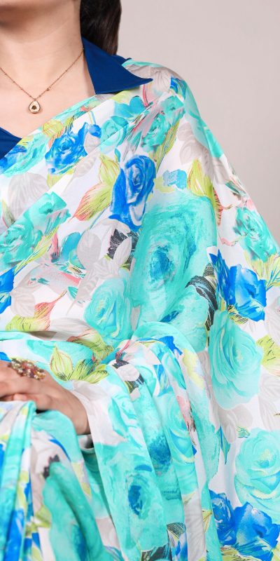 YNF 7017 Firozi Color Dull Satin Floral Printed Saree Casual, Wedding, Festive, Events . Expected Delivery  4-6 Working Days @1499/- only                                                                                | Sarees, Bollywood Sarees, Creative Sarees, Designer Sarees, Embroidered Sarees, Ethnic Saree, Modern Digital sarees, Party Wear Sarees