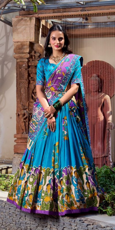 LNB 1236 Firozi Color Tasar Silk Kalamkari Print With Foil Work Lehenga Choli Wedding, Party, Festive, Events Etc. Delivery 4-6 Working Days Rs 2449 | Lehenga, Bollywood Lehenga, Creative Lehenga, Designer Lehenga, Embroidered Lehenga, Party Wear Lehenga