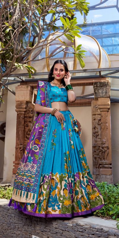 LNB 1236 Firozi Color Tasar Silk Kalamkari Print With Foil Work Lehenga Choli Wedding, Party, Festive, Events Etc. Delivery 4-6 Working Days Rs 2449 | Lehenga, Bollywood Lehenga, Creative Lehenga, Designer Lehenga, Embroidered Lehenga, Party Wear Lehenga